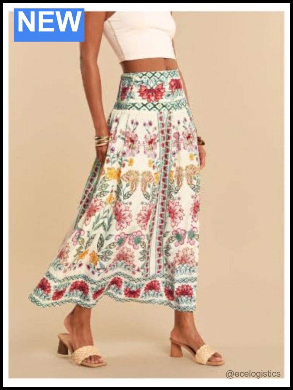 Boho Floral Maxi Skirt High Waisted Ruffle A Line Beach Vacation Resort Wear - Picture 2 of 4
